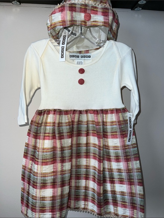 Ruby Ruby Other - Vintage Neutral Cream Top with Red Plaid Skirt Dress and Matching Hat 24M